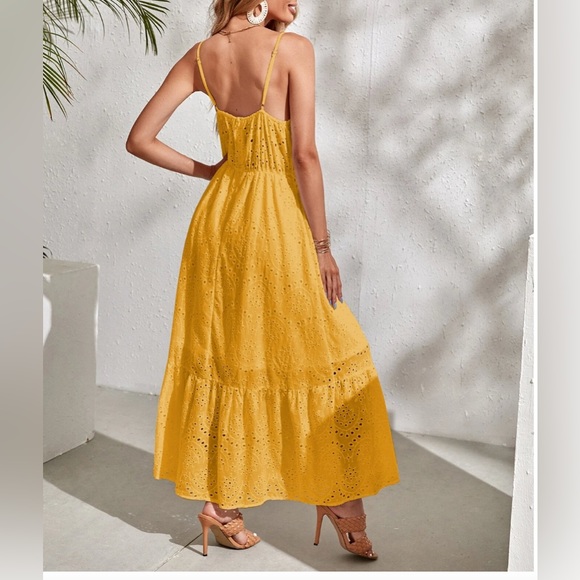 Yellow Eyelet Embroidery Ruffle Hem Dress - Picture 3 of 5